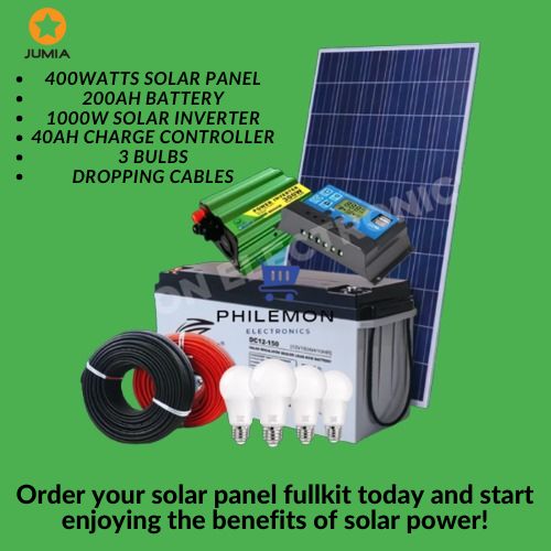 Solarmax 400 Watts Solar Panel Special All Weather Fullkit + 200AH Battery + 1000Watts Solar Inverter + 40 Ah Charge Controller + 5 Bulbs + Dropping Cables + Extension